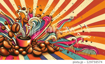 Retro Coffee Explosion: Vibrant Swirls and Beans in Pop Art Style with Generative AI. 129738574