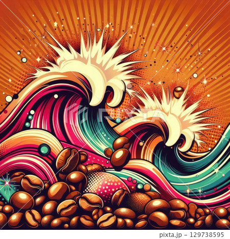 Retro Coffee Explosion: Vibrant Swirls and Beans in Pop Art Style with Generative AI. 129738595