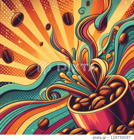 Retro Coffee Explosion: Vibrant Swirls and Beans in Pop Art Style with Generative AI. 129738597