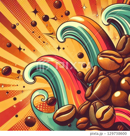 Retro Coffee Explosion: Vibrant Swirls and Beans in Pop Art Style with Generative AI. 129738600
