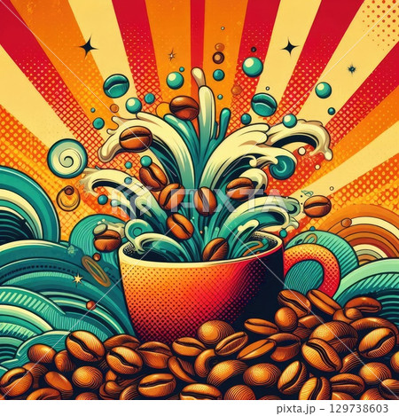 Retro Coffee Explosion: Vibrant Swirls and Beans in Pop Art Style with Generative AI. Retro Coffee Explosion: Vibrant Swirls and Beans in Pop Art Style with Generative AI. 129738603