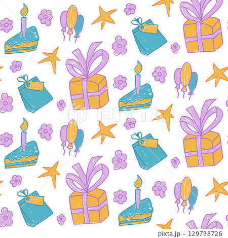 Birthday party multi color crayon seamless pattern. Festive doodle gift, stars and balloon endless background. Hand drawn cake with candle and flowers continuous cover. Vector hand drawn illustration 129738726