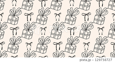 Coquette party crayon seamless pattern. Monochrome endless background. Girly festive bows and gift cover. Wedding continuous ornament. Surface pattern birthday motif. Vector hand drawn illustration 129738727