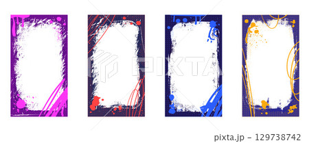 Urban grunge spray background frames set for social media. Graffiti templates with airbrush lines and flecks. Ink and paint punk decor for photo. colorful textured overlay. Vector illustration Urban grunge spray background frames set for social media. Graffiti templates with airbrush lines and flecks. Ink and paint punk decor for photo. colorful textured overlay. Vector illustration 129738742