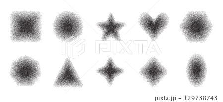 Grunge shadow geometric shapes with noise set. Text boxes with grainy effect. Oval and triangle textured frames pack. Star, rectangle, heart and circle. Vector v stickers shapes. Black dots figures 129738743
