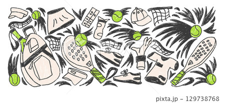 Padel crayon drawn set. Paddle tennis racket, balls, sport shoes hand drawn doodle isolated. Scribble sport equipment elements. Net, visors, dynamic shots. Vector fitness hobby illustration by pencil Padel crayon drawn set. Paddle tennis racket, balls, sport shoes hand drawn doodle isolated. Scribble sport equipment elements. Net, visors, dynamic shots. Vector fitness hobby illustration by pencil 129738768