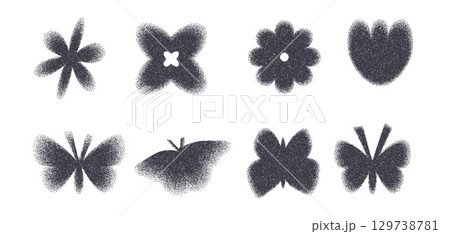 Grain black noise gradient geometric shape set. Y2k gritty butterfly and flowers icons on white background. Floral and flying grainy figures. Trendy effect dots grunge texture. Vector illustration 129738781