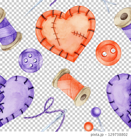 Orange stitched hearts, purple hearts, sewing threads, and buttons in a colorful watercolor illustration seamless pattern. Ideal for textile, scrapbooking, and packaging design Orange stitched hearts, purple hearts, sewing threads, and buttons in a colorful watercolor illustration seamless pattern. Ideal for textile, scrapbooking, and packaging design 129738802