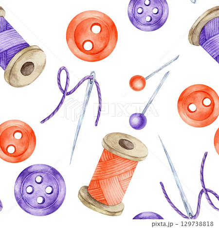 Orange buttons, purple thread, pins and sewing spools, and embroidery needles in watercolor illustration. Seamless pattern for crafts, digital papers, or sewing packaging. 129738818