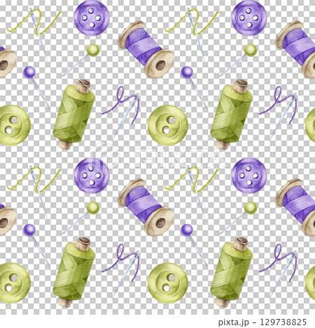 Green and violet thread spools, green and purple buttons, sewing needles and pins. Watercolor clipart seamless pattern great for DIY planners, printable papers, or sewing notebooks. Green and violet thread spools, green and purple buttons, sewing needles and pins. Watercolor clipart seamless pattern great for DIY planners, printable papers, or sewing notebooks. 129738825