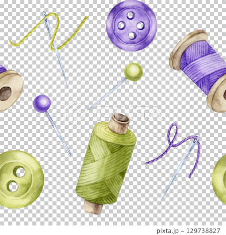Green and purple buttons, green and violet thread spool, light green and purple stitched needles and pins. Watercolor clipart seamless pattern perfect for sewing blog headers, DIY branding, or tags Green and purple buttons, green and violet thread spool, light green and purple stitched needles and pins. Watercolor clipart seamless pattern perfect for sewing blog headers, DIY branding, or tags 129738827