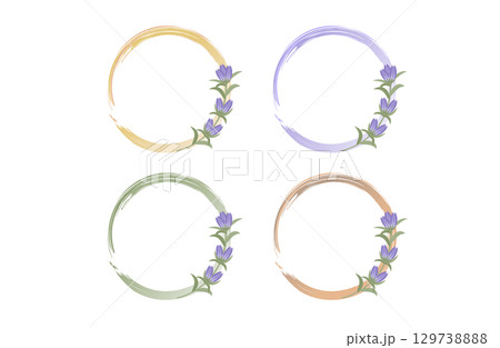 筆タッチのサークルフレームと竜胆の花|秋の和風フレームセット 筆タッチのサークルフレームと竜胆の花|秋の和風フレームセット 129738888