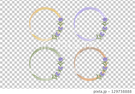 筆タッチのサークルフレームと竜胆の花|秋の和風フレームセット 筆タッチのサークルフレームと竜胆の花|秋の和風フレームセット 129738888