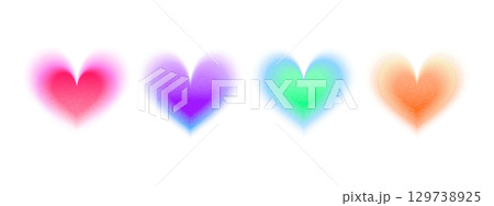 Set of vector abstract heart shapes with gradient and blur effects in blue, purple, pink, green, and orange tones for modern graphic or retro design in the Y2K style. 129738925