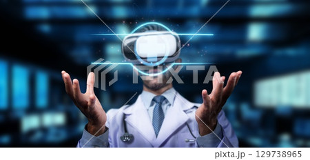 Doctor in Virtual Reality Headset Experiencing Advanced Medical Technology Simulation in Modern Healthcare Environment. PHMT Doctor in Virtual Reality Headset Experiencing Advanced Medical Technology Simulation in Modern Healthcare Environment. PHMT 129738965