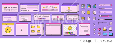 Retro vaporwave mobile and desktop interface UI set. 90s style dialog windows, chat bubbles, and icons. Flat Style Vector Illustration. 129739308