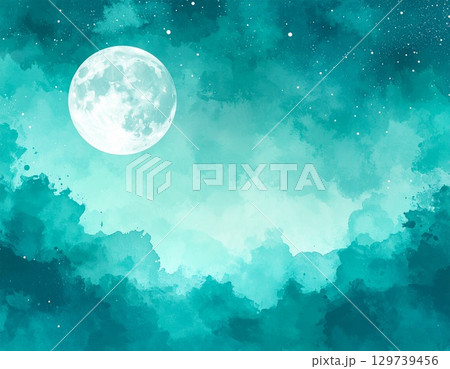 ターコイズの水彩ハロウィン背景　抽象的で幻想的な大人向け夜空イラスト 129739456