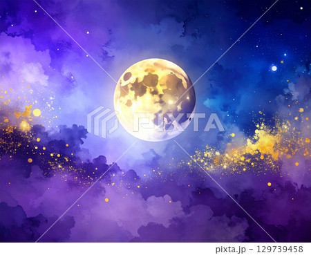 深い紫と紺色の水彩抽象ハロウィン背景　幻想的で大人向け上品イラスト 129739458