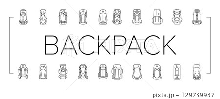 hiking backpack gear trail icons set vector 129739937