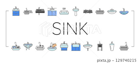 sink porcelain drain faucet icons set vector 129740215