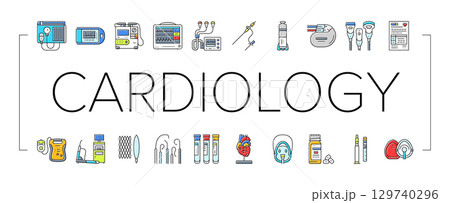 cardiology accessories ecg icons set vector 129740296