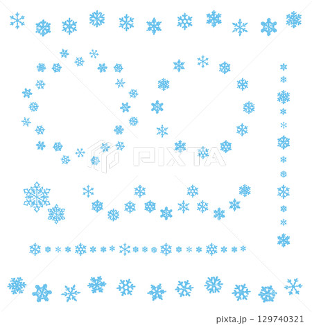 雪の結晶のフレーム　冬の雪のリース　ラインデコレーションのセット　ベクターイラスト　手描き風 129740321