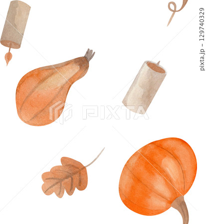 Watercolor hand drawn autumn seamless pattern with pumpkins, oak leaf and candles of muted colors. Perfect for seasonal decor, textile, wrapping paper, stationery, packaging, and fall themed designs Watercolor hand drawn autumn seamless pattern with pumpkins, oak leaf and candles of muted colors. Perfect for seasonal decor, textile, wrapping paper, stationery, packaging, and fall themed designs 129740329