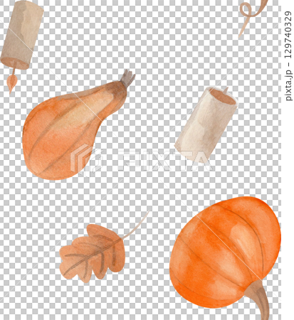 Watercolor hand drawn autumn seamless pattern with pumpkins, oak leaf and candles of muted colors. Perfect for seasonal decor, textile, wrapping paper, stationery, packaging, and fall themed designs Watercolor hand drawn autumn seamless pattern with pumpkins, oak leaf and candles of muted colors. Perfect for seasonal decor, textile, wrapping paper, stationery, packaging, and fall themed designs 129740329