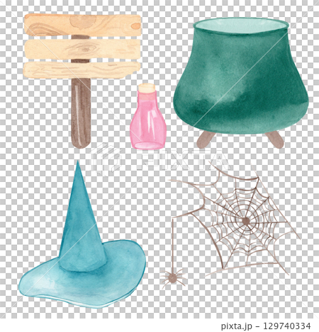 A watercolor hand drawn set with classic Halloween elements: magic potion, spider web, witch's hat and cauldron, pointer. Great for seasonal decor, posters, postcards, and holiday-themed decorations 129740334