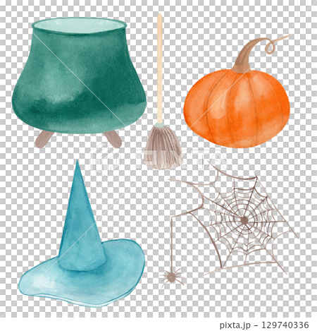 A set of magical items. A collection of mystical magical items: witch cauldron and hood, broom, pumpkin and spider web. Watercolor illustration of mythical esoteric elements 129740336