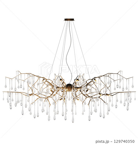 chandelier on the ceiling isolated on transparent background, hanging lamp, pendant light, 3D illustration, cg render 129740350