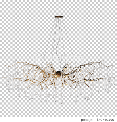 chandelier on the ceiling isolated on transparent background, hanging lamp, pendant light, 3D illustration, cg render 129740350
