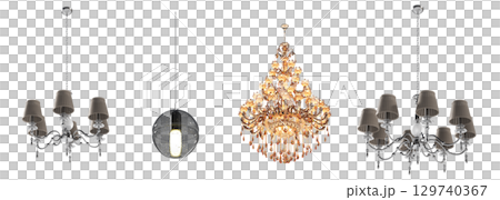 chandelier on the ceiling isolated on transparent background, hanging lamp, pendant light, 3D illustration, cg render 129740367