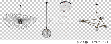 chandelier on the ceiling isolated on transparent background, hanging lamp, pendant light, 3D illustration, cg render 129740371