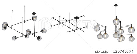 chandelier on the ceiling isolated on transparent background, hanging lamp, pendant light, 3D illustration, cg render 129740374