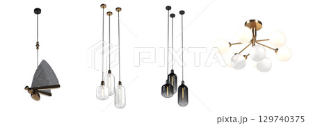 chandelier on the ceiling isolated on transparent background, hanging lamp, pendant light, 3D illustration, cg render 129740375