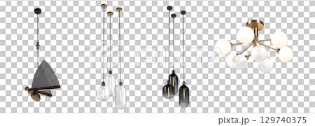 chandelier on the ceiling isolated on transparent background, hanging lamp, pendant light, 3D illustration, cg render 129740375