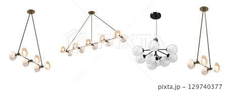 chandelier on the ceiling isolated on transparent background, hanging lamp, pendant light, 3D illustration, cg render 129740377