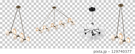 chandelier on the ceiling isolated on transparent background, hanging lamp, pendant light, 3D illustration, cg render 129740377
