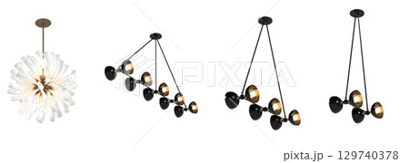 chandelier on the ceiling isolated on transparent background, hanging lamp, pendant light, 3D illustration, cg render 129740378