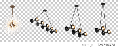 chandelier on the ceiling isolated on transparent background, hanging lamp, pendant light, 3D illustration, cg render 129740378