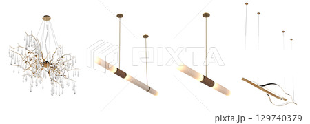 chandelier on the ceiling isolated on transparent background, hanging lamp, pendant light, 3D illustration, cg render 129740379