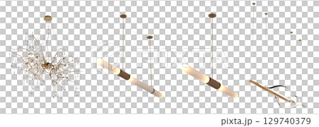 chandelier on the ceiling isolated on transparent background, hanging lamp, pendant light, 3D illustration, cg render 129740379