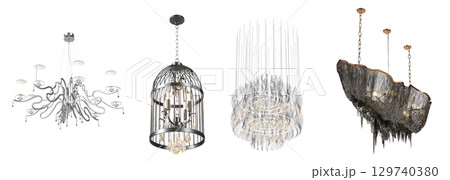 chandelier on the ceiling isolated on transparent background, hanging lamp, pendant light, 3D illustration, cg render 129740380
