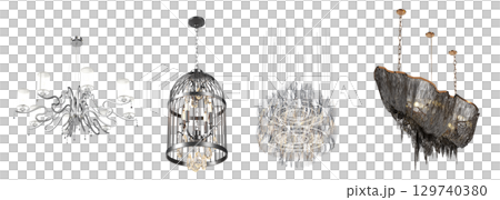 chandelier on the ceiling isolated on transparent background, hanging lamp, pendant light, 3D illustration, cg render 129740380