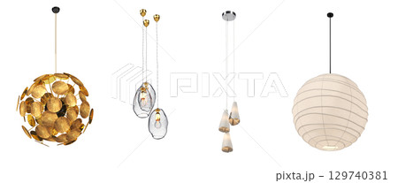 chandelier on the ceiling isolated on transparent background, hanging lamp, pendant light, 3D illustration, cg render 129740381