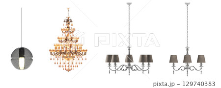 chandelier on the ceiling isolated on transparent background, hanging lamp, pendant light, 3D illustration, cg render chandelier on the ceiling isolated on transparent background, hanging lamp, pendant light, 3D illustration, cg render 129740383