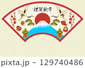 扇富士縁起物薄緑背景 129740486