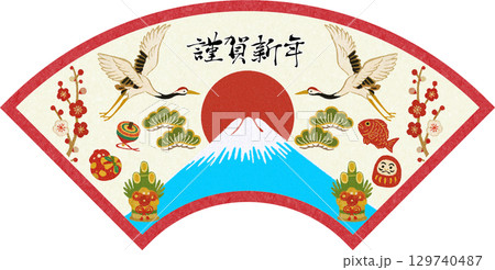 扇富士縁起物背景 扇富士縁起物背景 129740487