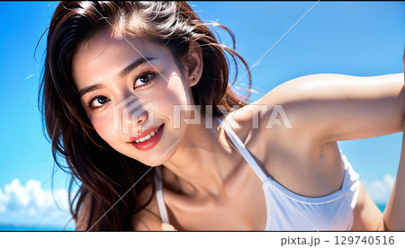 綺麗な海でビキニを着た笑顔のかわいい女の子のポートレート 129740516